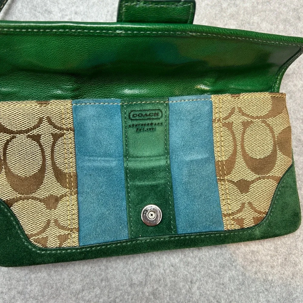 Coach Y2K Signature Patchwork Wristlet Green Teal Suede Canvas Buckle Wallet Bag